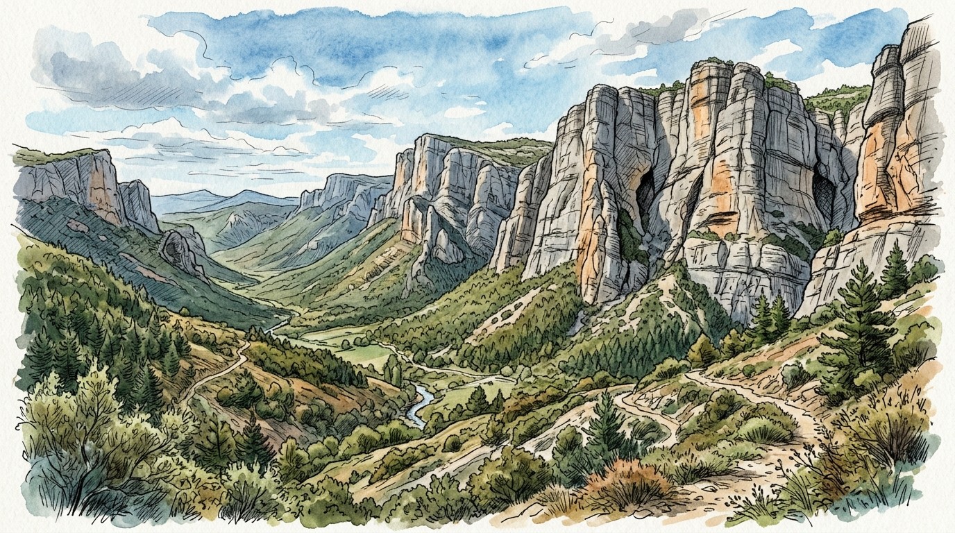 Illustration of sandstone towers and cliffs above a wooded valley at Annot, Haute-Provence