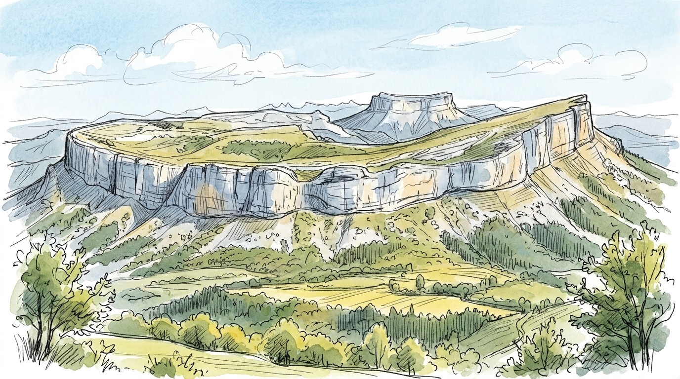 Illustration of the Céüse cliff above Gap in the Hautes-Alpes: a long band of grey and cream limestone wrapping around a grassy plateau, with forested slopes and fields below and mountains on the horizon.