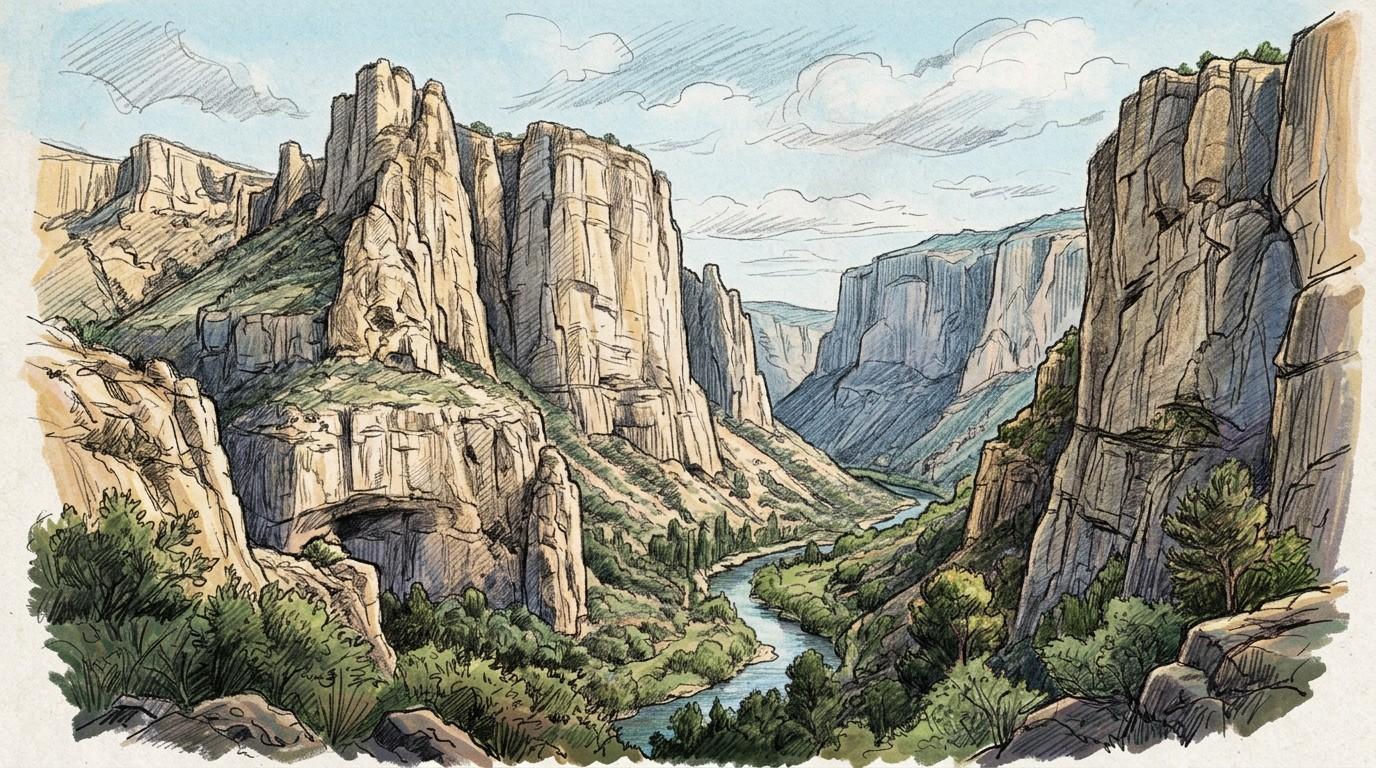 Illustration of the Turia gorge at Chulilla: tall, pale limestone walls and pillars on both sides of a winding river, with pines and scrub on the slopes and a cave at the foot of the cliffs.