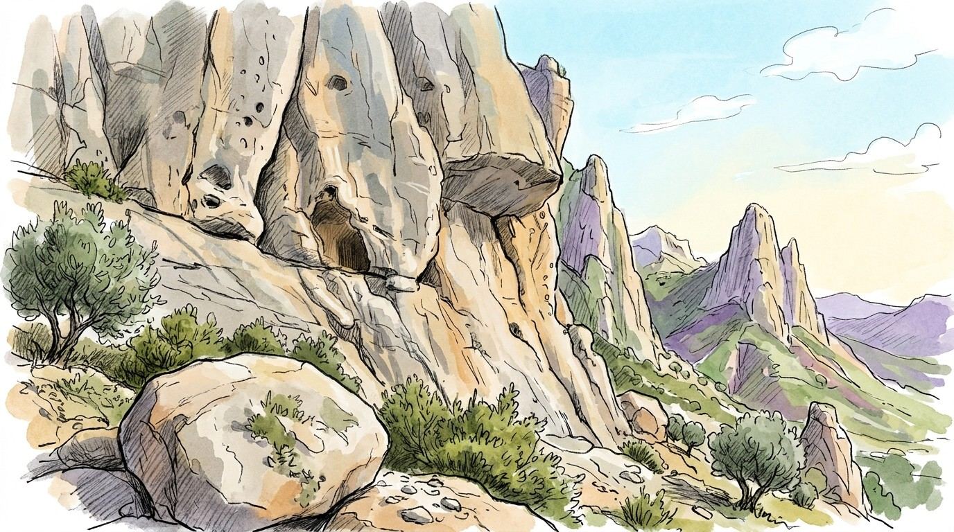 Illustration of pale, pocketed limestone walls and a large boulder among olive trees and scrub in the Sella valley on the Costa Blanca, with jagged limestone ridges and hazy mountains beyond.