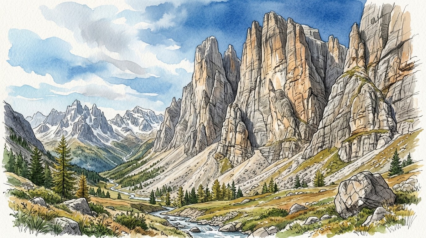 Illustration of pale dolomite towers above a green alpine valley in the Dolomites, Italy