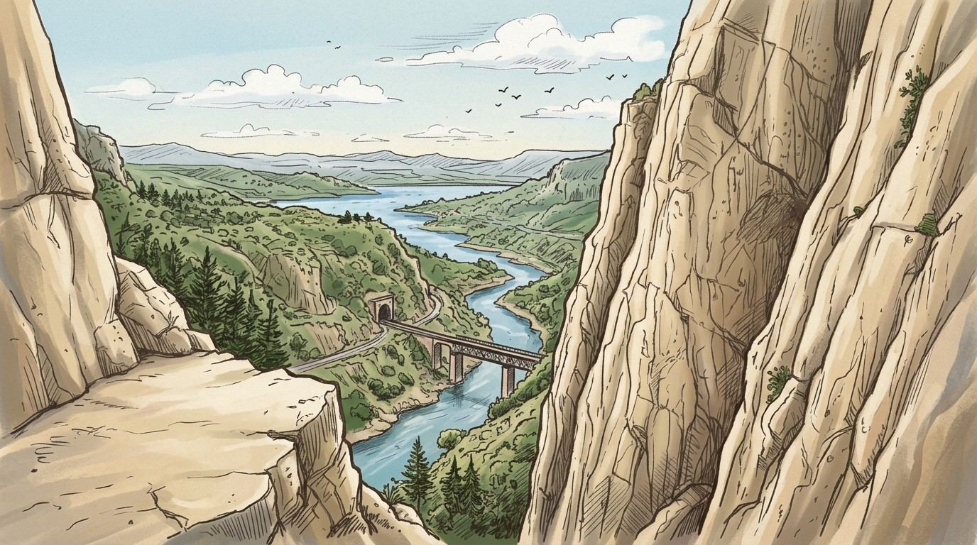Illustration looking out between pale limestone walls of the El Chorro gorge in Andalucía, Spain, over the Guadalhorce river, a railway bridge and tunnel, and the reservoirs beyond.
