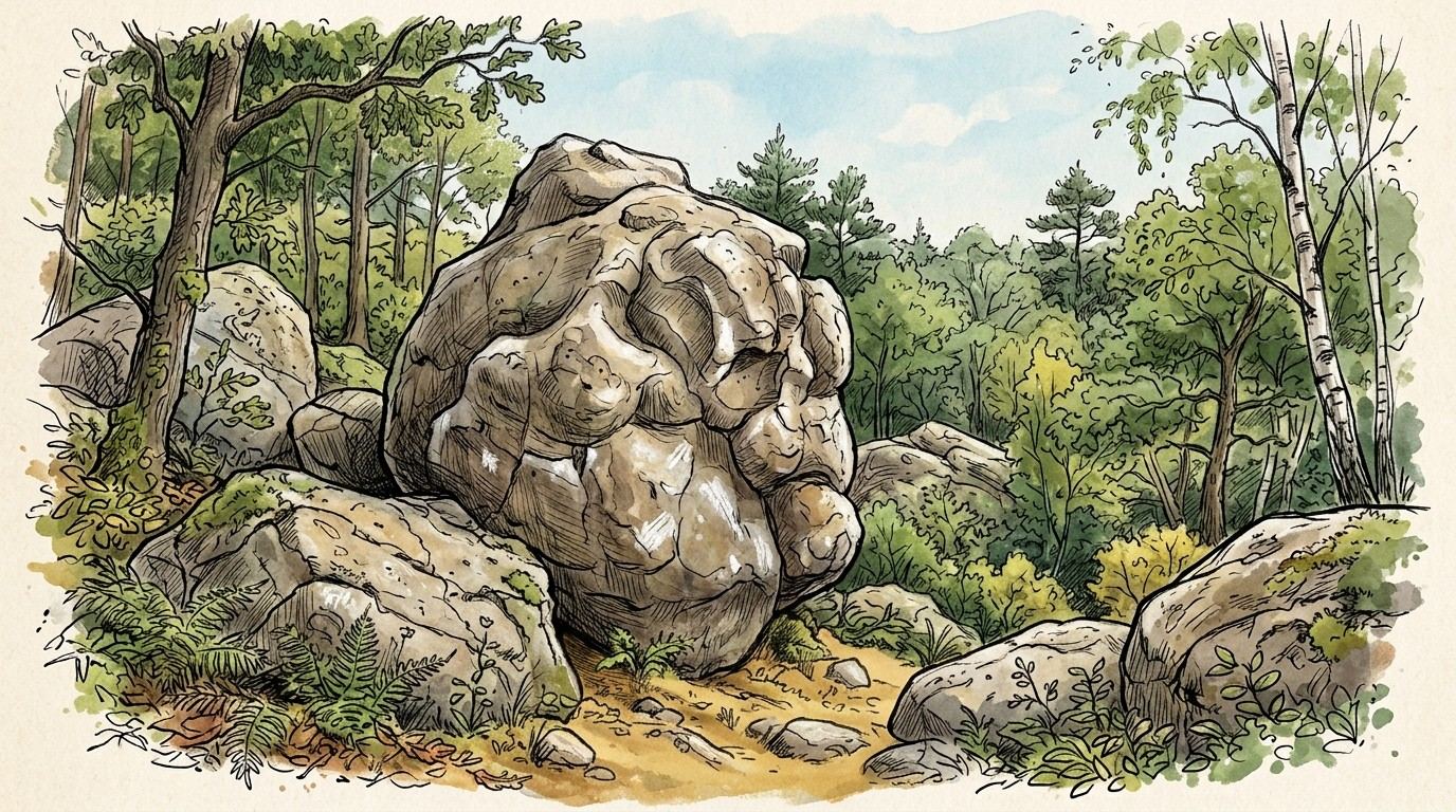 Illustration of a large rounded sandstone boulder beside a sandy path through the forest at Fontainebleau, France.