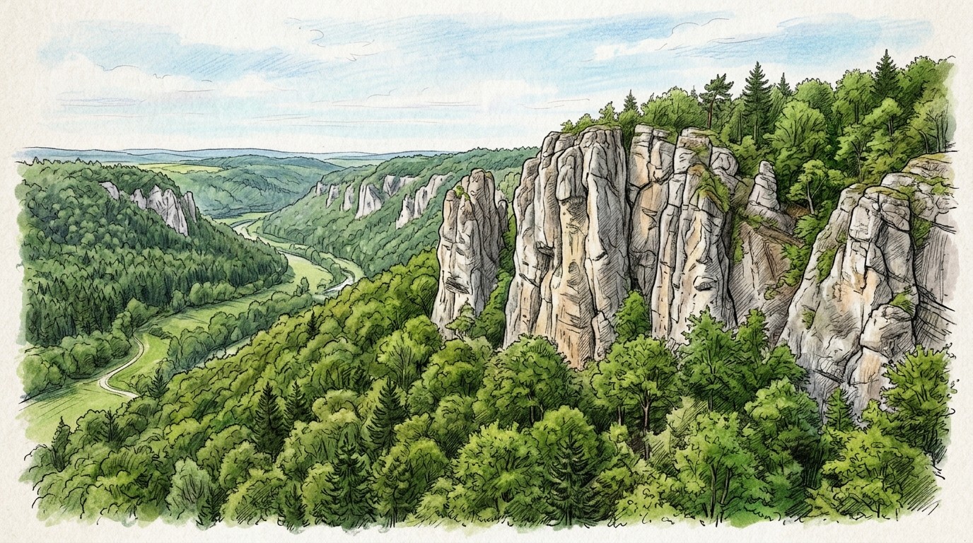 Illustration of the Frankenjura in Bavaria, Germany: tall grey limestone towers rising out of dense green forest above a winding river valley, with more crags dotted along the wooded hillsides beyond.