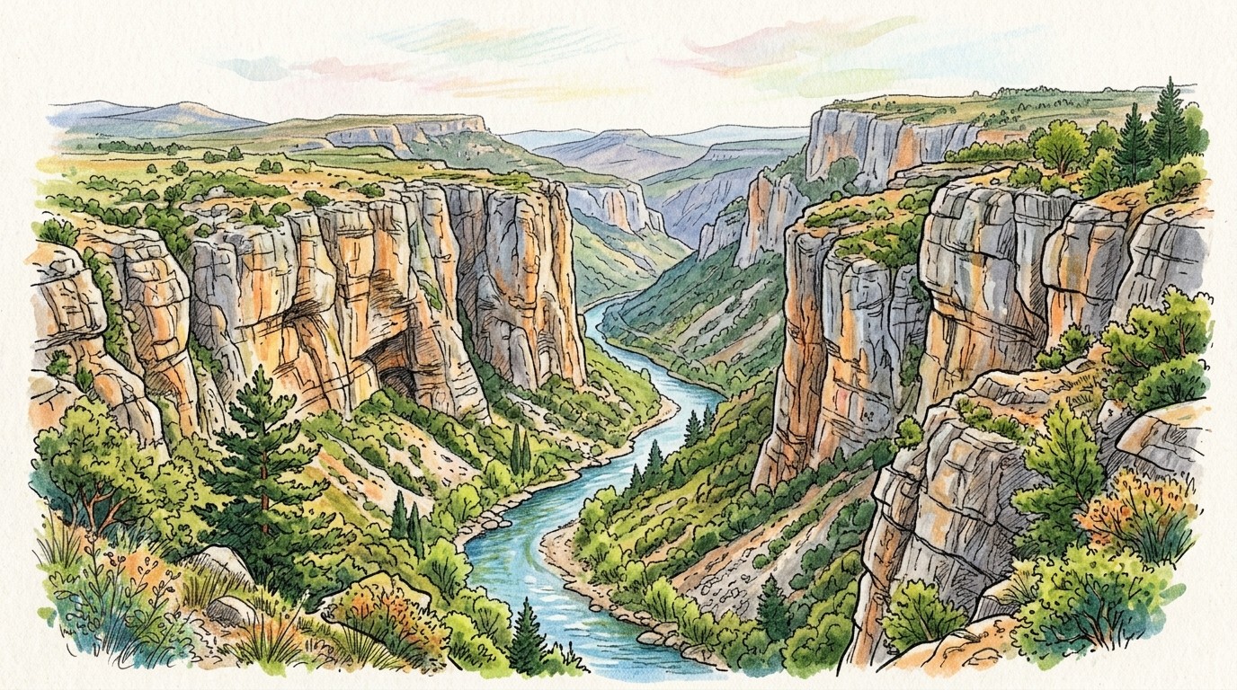 Illustration of the Gorges du Tarn: grey and orange limestone cliffs on both sides of a deep canyon, the blue-green Tarn winding between wooded slopes, with pines in the foreground and the flat-topped causses beyond.