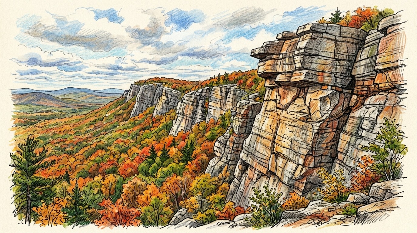 Illustration of the Shawangunk ridge in autumn, with conglomerate cliffs and roofs above colourful trees