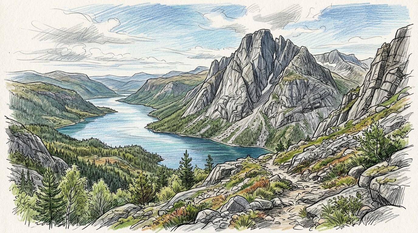 Illustration of the granite dome of Hægefjell above a lake in Nissedal, southern Norway
