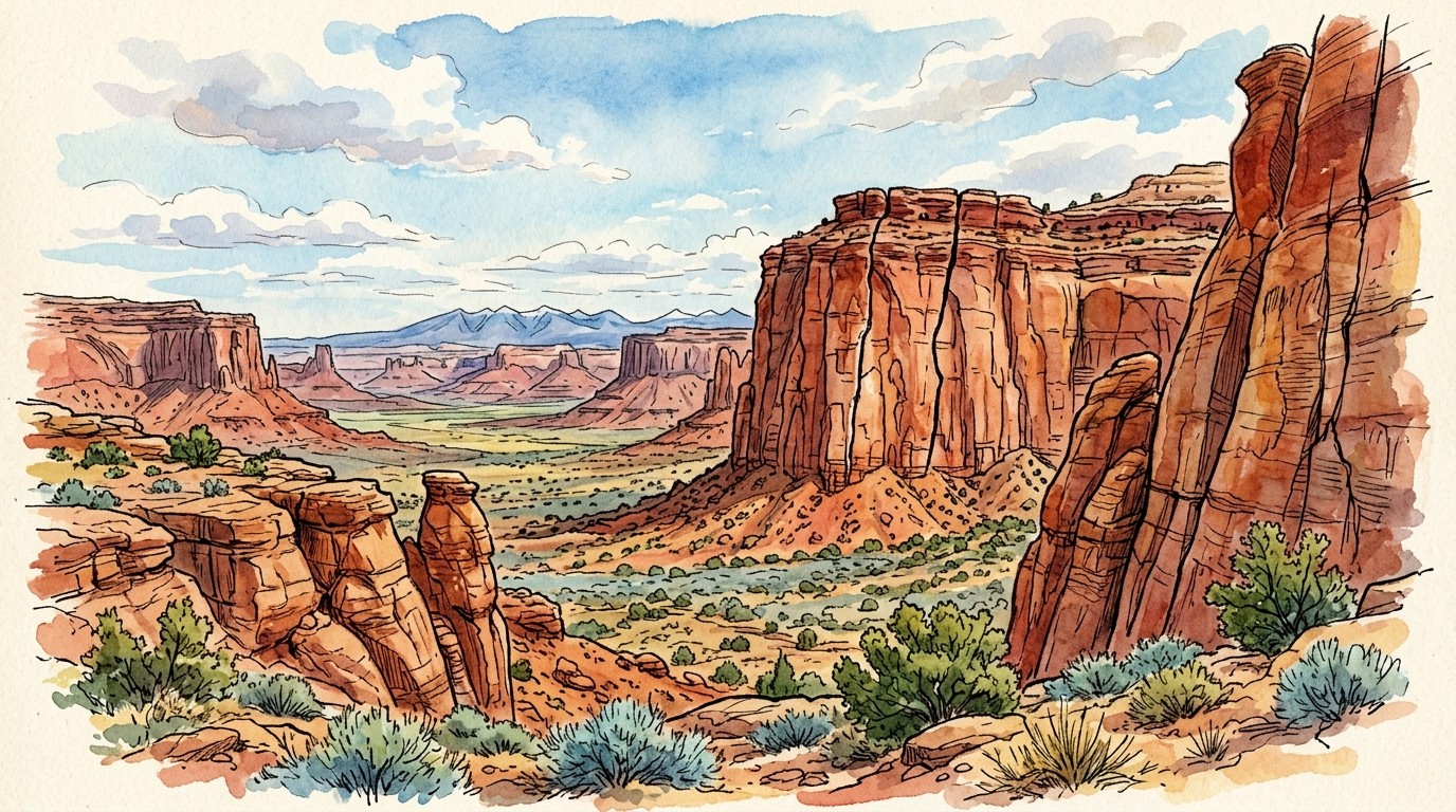 Illustration of a red sandstone wall split by long vertical cracks at Indian Creek, Utah