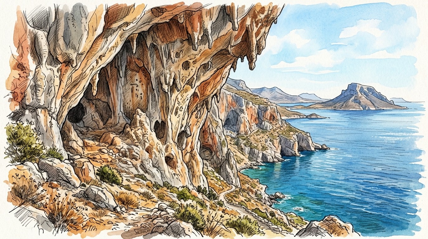 Illustration of a tufa-hung limestone cave on Kalymnos, looking out over the sea to Telendos