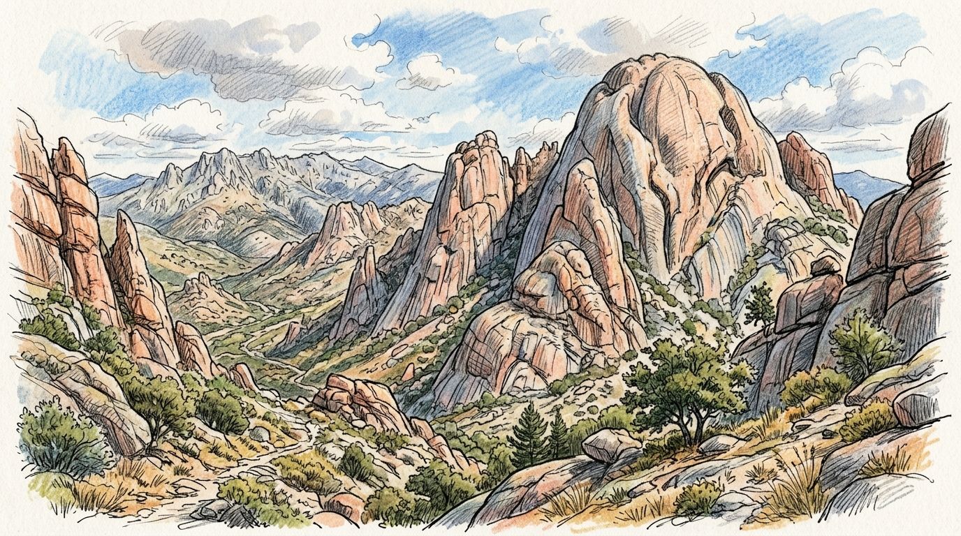 Illustration of La Pedriza in the Sierra de Guadarrama, Spain: rounded granite domes and pinnacles above a wooded valley, with the mountains of the main ridge behind.