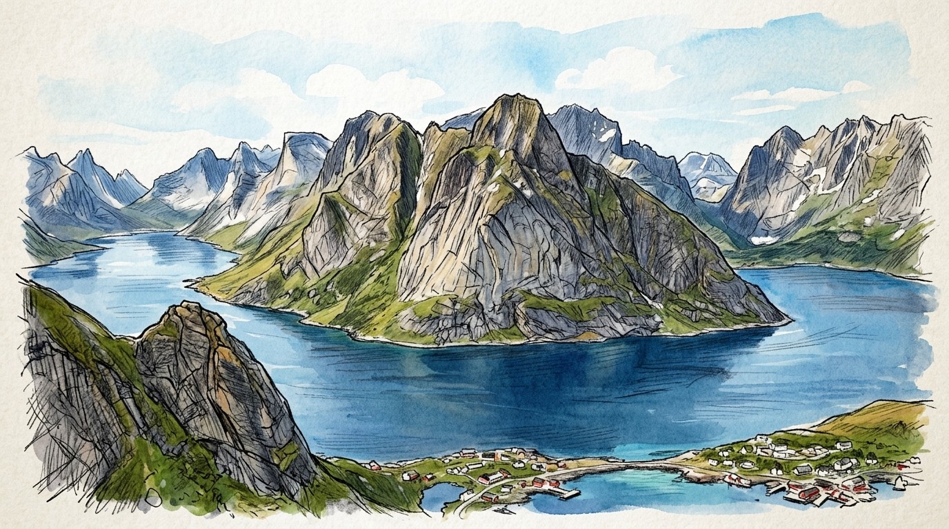 Illustration of steep granite peaks rising out of a fjord in the Lofoten Islands, Norway