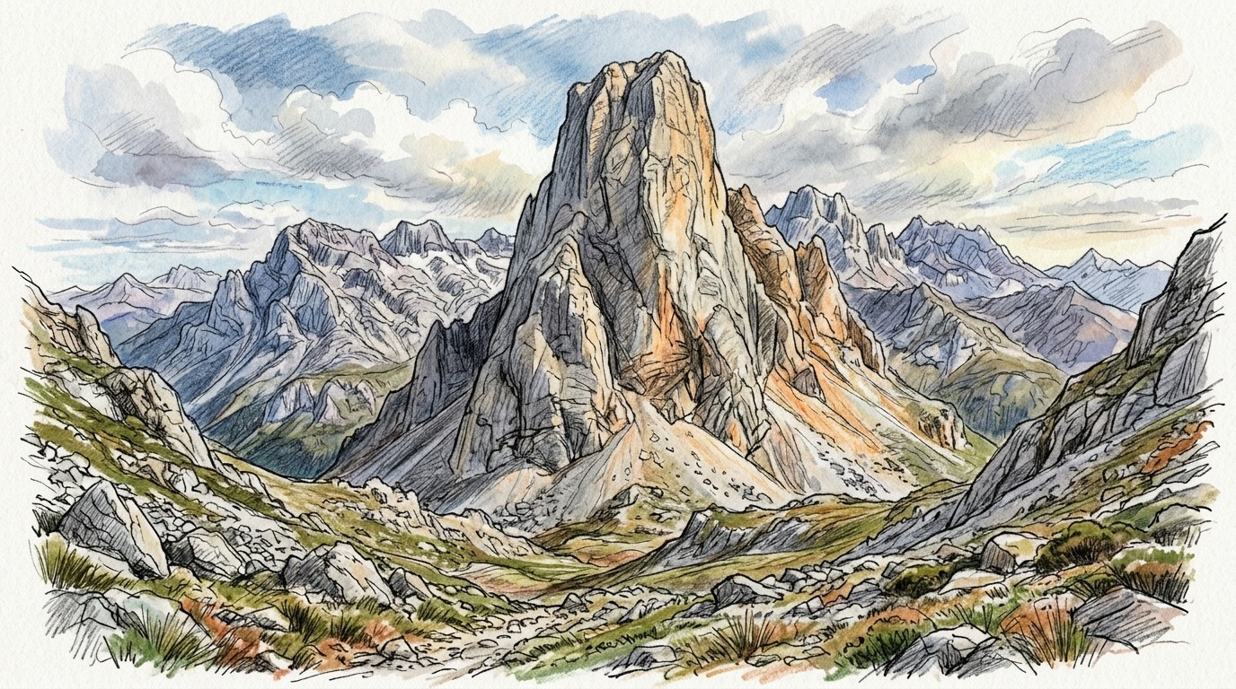 Illustration of the Naranjo de Bulnes limestone tower in the Picos de Europa, Spain