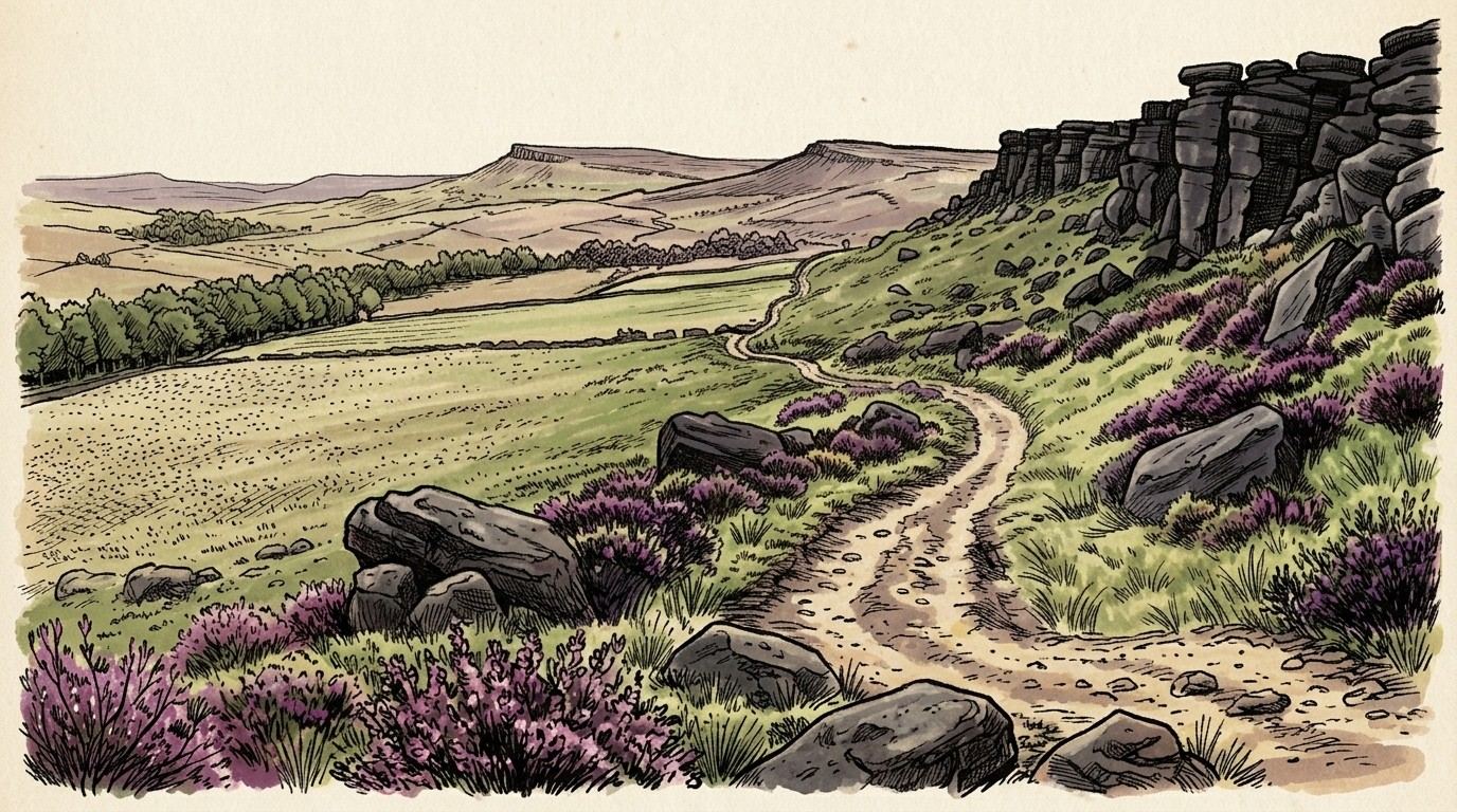 Illustration of a gritstone edge above a moorland path in the Peak District, with heather and scattered boulders below.