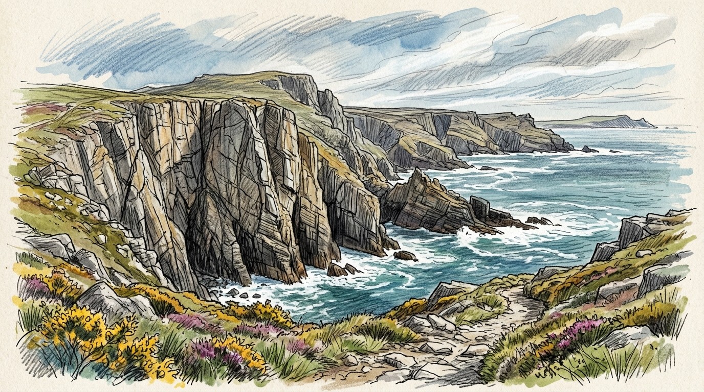 Illustration of grey limestone sea cliffs and zawns along the Pembrokeshire coast, Wales