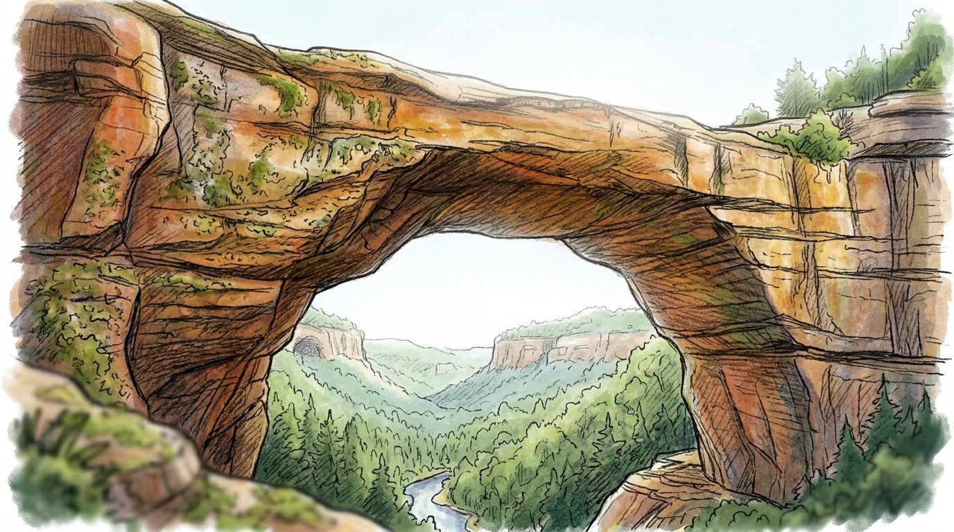 Illustration of a sandstone arch in the Red River Gorge, Kentucky: an orange and grey rock arch framing a view down a deep, forested gorge with sandstone cliffs and a river below.