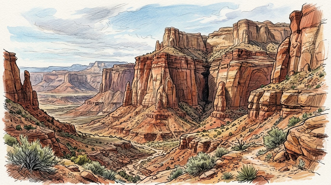 Illustration of red and orange sandstone cliffs above a dry wash in Red Rock Canyon, Nevada