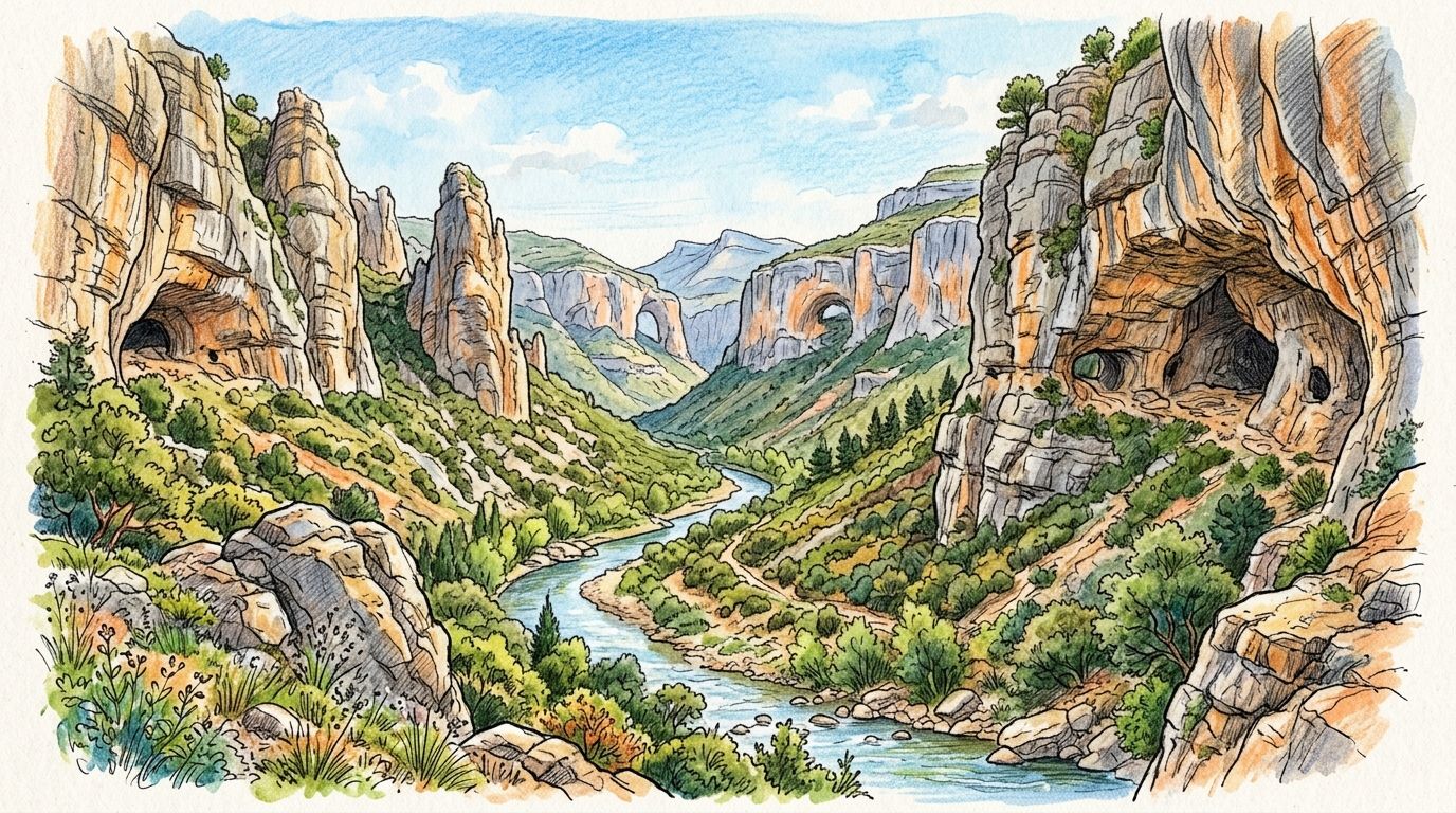 Illustration of the Mascún canyon at Rodellar in the Sierra de Guara: orange and grey limestone walls with caves and a tall pillar, a winding river and green scrub below.