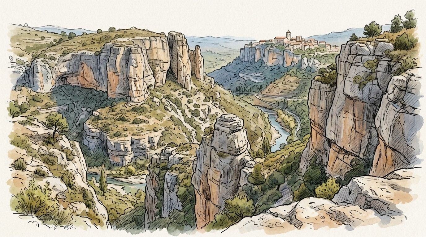 Illustration of the Siurana gorge in Catalonia: grey and orange limestone cliffs and pillars above a winding river, with the village of Siurana perched on the clifftop in the distance.