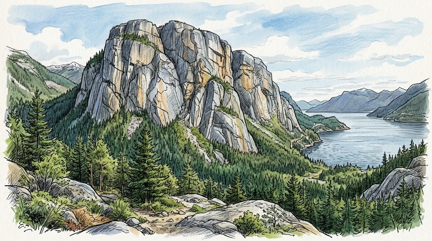Illustration of a granite dome streaked with cracks above the forest, in the style of the Stawamus Chief, Squamish