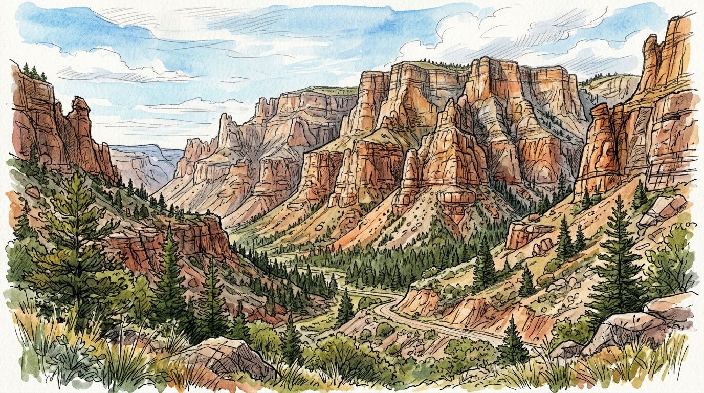 Illustration of the dolomite cliffs of Ten Sleep Canyon in Wyoming's Bighorn Mountains