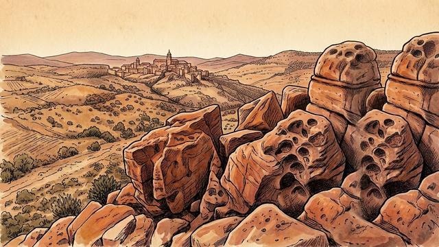 Illustration of pocketed red sandstone boulders above the hills, with the walled town of Albarracín, Spain, in the distance.