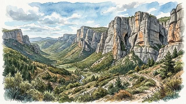 Watercolour illustration of grey and orange rock towers and cliffs above a wooded valley in the mountains of Haute-Provence, with a river below and a dirt path through the scrub in the foreground.