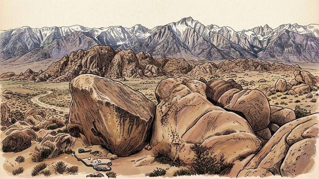 Illustration of large granite boulders in the Buttermilks near Bishop, California, with the snow-capped Eastern Sierra behind.