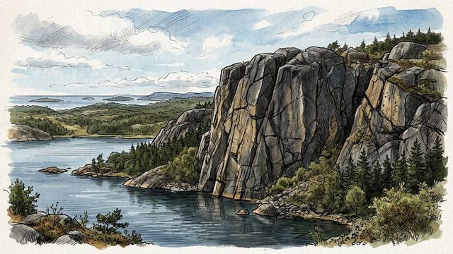 Watercolour illustration of a tall, cracked grey granite cliff rising above a calm inlet on the Swedish west coast, with pine forest, rocky islands and the sea in the distance.