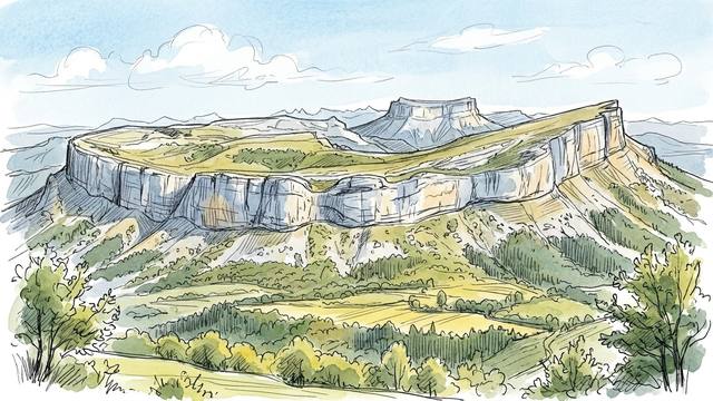 Illustration of the Céüse cliff above Gap in the Hautes-Alpes: a long band of grey and cream limestone wrapping around a grassy plateau, with forested slopes and fields below and mountains on the horizon.