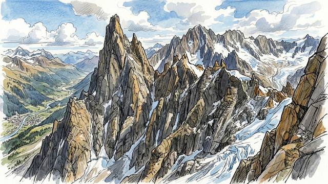 Watercolour illustration of jagged granite needles and ridges above a glacier in the Mont Blanc massif, with the Chamonix valley, its river and town far below on the left.