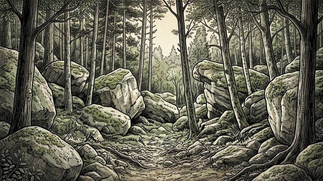 Illustration of stacked, moss-covered gneiss boulders among the trees on the wooded hillside at Chironico, Switzerland.