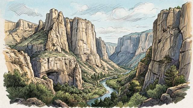 Illustration of the Turia gorge at Chulilla: tall, pale limestone walls and pillars on both sides of a winding river, with pines and scrub on the slopes and a cave at the foot of the cliffs.