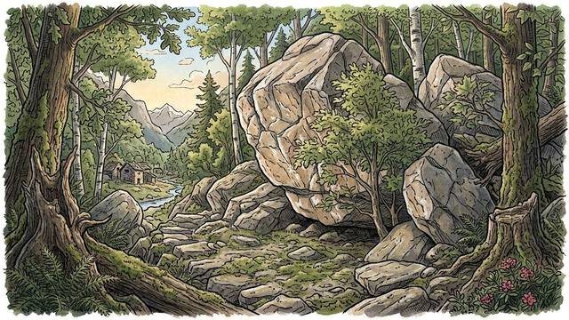 Illustration of a large gneiss boulder in the woods above Cresciano in Ticino, Switzerland, with stone huts by the river and mountains behind.