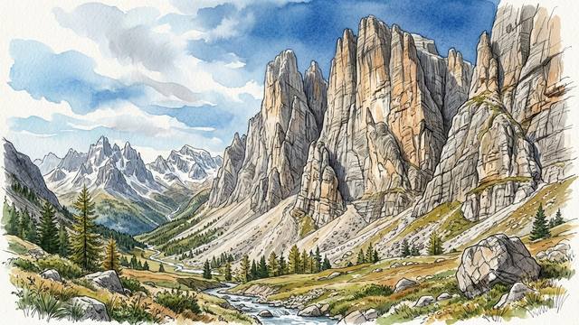 Watercolour illustration of tall pale-grey and golden dolomite towers and walls rising above a green alpine valley with a stream, larch trees and boulders, and jagged snowy peaks in the distance.