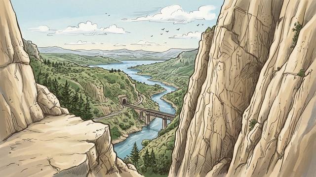 Illustration looking out between pale limestone walls of the El Chorro gorge in Andalucía, Spain, over the Guadalhorce river, a railway bridge and tunnel, and the reservoirs beyond.