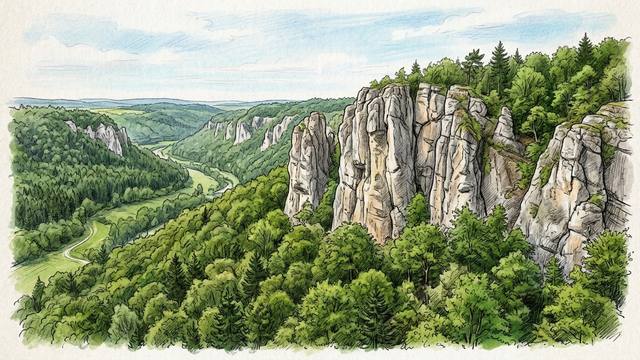 Illustration of the Frankenjura in Bavaria, Germany: tall grey limestone towers rising out of dense green forest above a winding river valley, with more crags dotted along the wooded hillsides beyond.