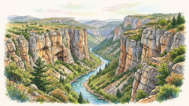 Illustration of the Gorges du Tarn: grey and orange limestone cliffs on both sides of a deep canyon, the blue-green Tarn winding between wooded slopes, with pines in the foreground and the flat-topped causses beyond.