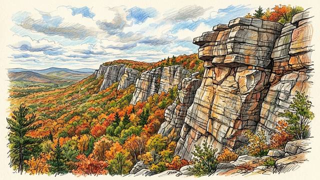 Watercolour illustration of the Shawangunk ridge in autumn: pale grey and orange conglomerate cliffs with stacked roofs and ledges rise above a forest of red, orange and yellow trees, with rolling hills in the distance.