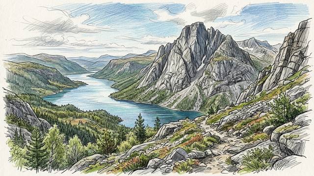 Watercolour illustration of a big grey granite mountain with steep slabby faces above a long blue lake in a forested Norwegian valley, with a rocky path in the foreground.