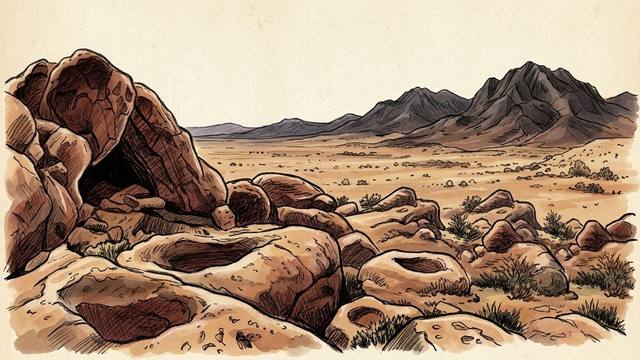 Illustration of rounded, pocketed syenite boulders at Hueco Tanks, Texas, with the Chihuahuan Desert and dark mountains behind.