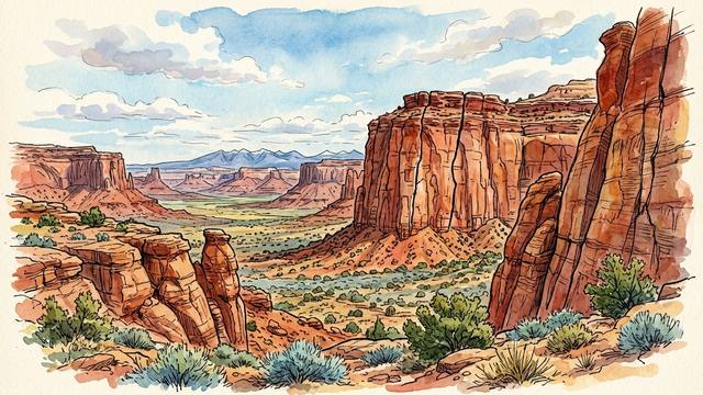 Watercolour illustration of a desert canyon: a tall red sandstone wall split by long vertical cracks, sandstone towers in the foreground, and a wide valley of sagebrush leading to distant mesas and blue mountains.
