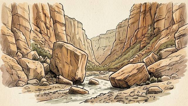 Illustration of large sandstone boulders on the floor of Joe's Valley, Utah, between steep canyon walls with a creek running through.