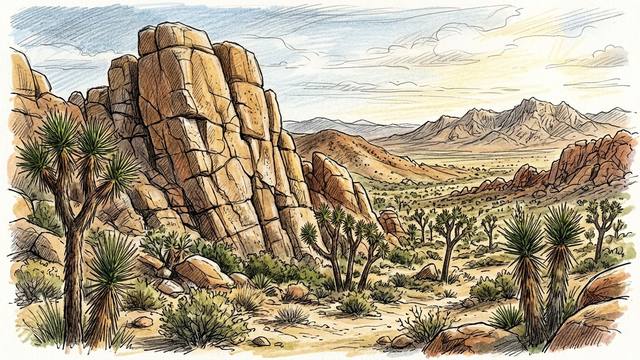 Illustration of Joshua Tree National Park: a tall, blocky quartz-monzonite formation above Joshua trees and desert scrub, with a wide desert valley and mountains behind.