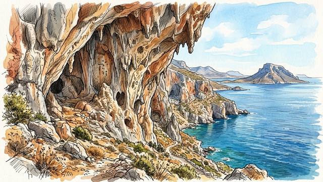 Illustration of Kalymnos, Greece: a huge limestone cave hung with orange and grey tufas and stalactites above a scrubby hillside, looking out over a deep blue sea to the island of Telendos.