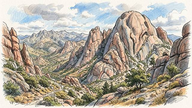 Illustration of La Pedriza in the Sierra de Guadarrama, Spain: rounded granite domes and pinnacles above a wooded valley, with the mountains of the main ridge behind.