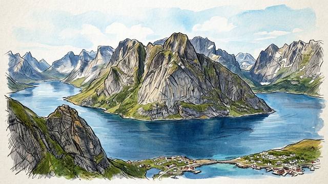 Watercolour illustration of steep grey granite peaks rising straight out of a deep blue fjord in the Lofoten Islands, with green slopes, snow patches on the higher summits and a small fishing village with red houses on the shore.