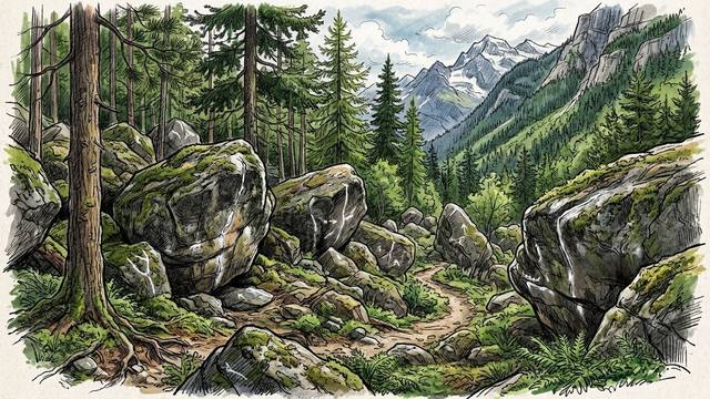 Illustration of moss-covered gneiss boulders beside a forest path through the conifer woods of Magic Wood, Switzerland, with snow-capped Alpine peaks behind.