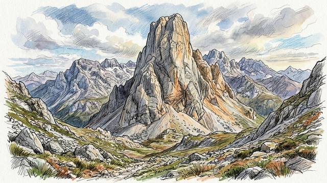 Watercolour illustration of the Naranjo de Bulnes, a tall grey and orange limestone tower rising above a rocky mountain valley, with the jagged peaks of the Picos de Europa behind it.