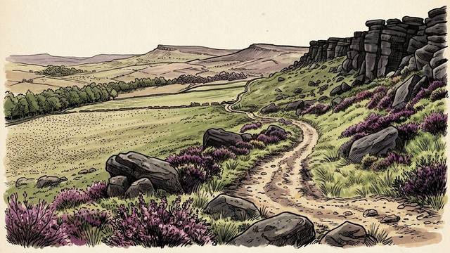 Illustration of a gritstone edge above a moorland path in the Peak District, with heather and scattered boulders below.