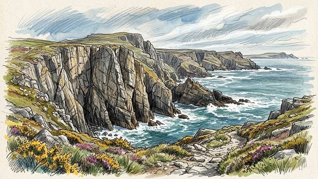 Watercolour illustration of tall grey limestone sea cliffs and zawns along the Pembrokeshire coast, with waves breaking below and yellow gorse and purple heather along the clifftop path.